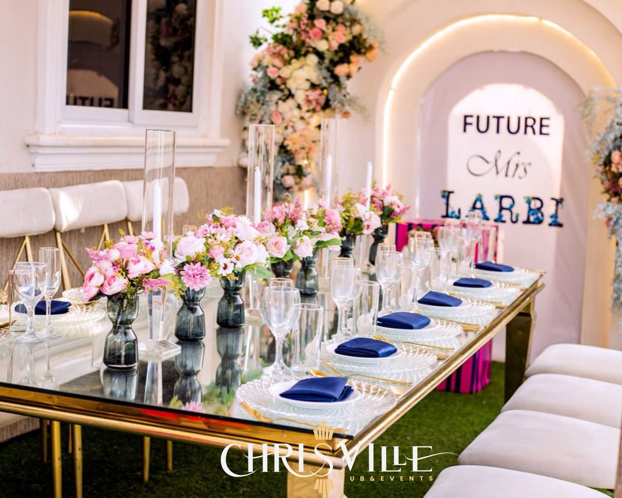 Elegant bridal shower setup with 'Future Mrs' signage by ChrisVille